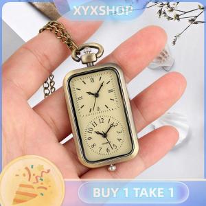 XYX Đồng hồ tinh tế bằng đồng móc khóa bỏ túi đồng hồ vuông Retro đôi thời gian đồng hồ thạch anh không có mặt dây chuyền phong cách cổ