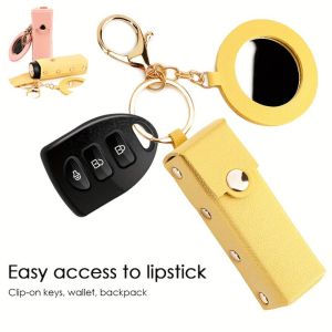 BAIXL Pu Leather Lipstick Bag Lipstick Storage Box with Mirror Key Chain Simple Lip Gloss Bag Mini Cosmetic Bag Women