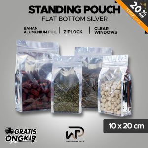 ( 50 PCS ) Standing Pouch Flat Bottom Alumunium Foil Silver Windows 10 x 20 cm | Plastik Kemasan Kopi Snack | Kemasan Paper Ziplock Clear Windows Termurah
