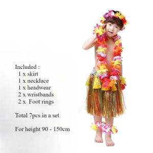LUXEMO 7/8Pcs Costume Hawaiian Hula Skirt Set Wristbands Headband Hawaiian Costumes Necklace Bra Hawaii Party Supplies Kids Fancy Dress