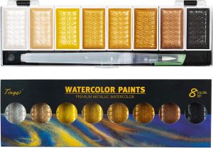 Tinge Portable Metallic Water Color Paint 8 Shimmery Colors Artist Glitter Solid Watercolors with 1 Water Brush Pen for Artists Students and Painting Beginners