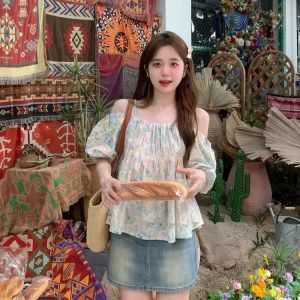 IELGY sweet floral suspender strapless short-sleeved shirt womens summer puff sleeve design sense one-shoulder top