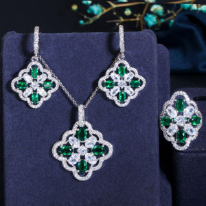 Sequito Thời Trang Phụ Nữ 3Pcs Đồ Trang Sức mạ bạc Micro Pave AAA Zirconia Hollow Lấp Lánh Bông tai mặt Bộ nhẫn Vòng cổ quần áo dự tiệc Phụ Kiện Sj370