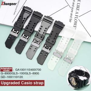 zhangeer Soft Translucent PU Strap For Casio G-shock GA-110 GLS-100 GD-120 Replacement Waterproof Convex width 16mm Stainless Steel Double Pin Buckle Black Men Watch Band Accessories