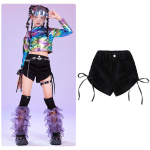LOlanta Kids Girls Group Kpop Outfits Sequined Street Dance Suit Bright Leather Cropped Top Hip-Hop Cargo Pants Sets Astronaut Performance Costume