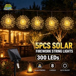Solar Firework String Lights Set 5pcs 300 Led Hanging Spark Fairy Copper Wire 8 Modes Auto