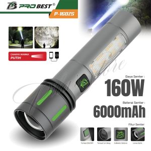 Senter LED Laser Cas COB Zoom in out 5 Mode Waterproof PROBEST P-160Z 160W Rechargeable TYPE-C - Powerbank