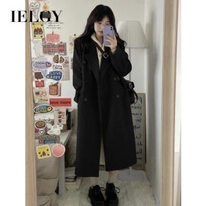 Ielgy đen phong cách Hàn Quốc dày giữa Chiều dài áo khoác len cho phụ nữ