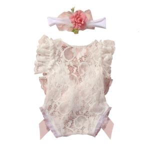 Lace Newborns Romper and Matching Hairband Headband Outfit Props for 0-3 Months Baby Photoshoots and Celebrations