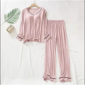 Plus Size Womens Pajamas Simple Long Sleeve V-Neck Autumn Winter Pajamas with Chest Pads Solid Home Sleepwear