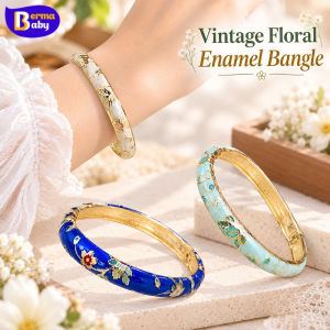 BERMA BEBA Vintage Floral Enamel Bangle Women Retro Gold Plated Flower Pattern Cuff Bracelet Daily Fashion Gift
