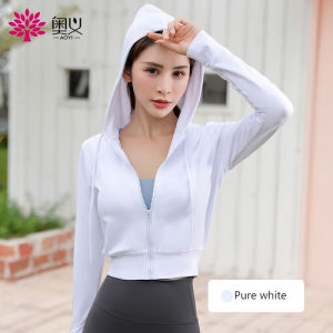 Aoyi yoga jacket jacket gym running zipper loose short shirt spring and autumn 2022 new hooded blouse