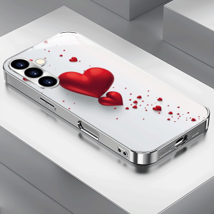 Creative big red heart silver plated glass phone case suitable for Samsung GalaxyS26 S25 S24 S22 S21 S20FE/Ultra/Plus shockproof