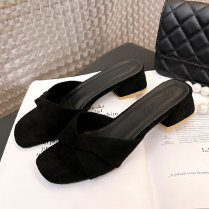 [Free Shipping] Size 42 WomenS Outdoor Summer Fashion Mid-Heel Suede One-Strap Chunky Heel Korean Style Slip-On High-Heeled Sandals