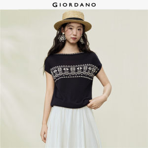 Giordano Women Ethnic Style Jacquard Boat Neck Short Sleeve Knitted Sweater - High Quality Free Shipping 18356303