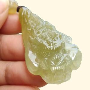 Premium Icy Yellow Natural Type A Jadeite Jade crafted with Dragon as Pendant certificate weighs 15.64 grams measurement 50.6 * 27 * 11.5 mm (pendant253)