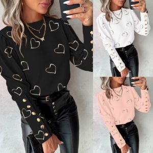 2026 Women Spring Shirts Heart Print Round Neck Long Sleeve Loose Blouses Fashion Casual Button Elegant Office Ladies Tops