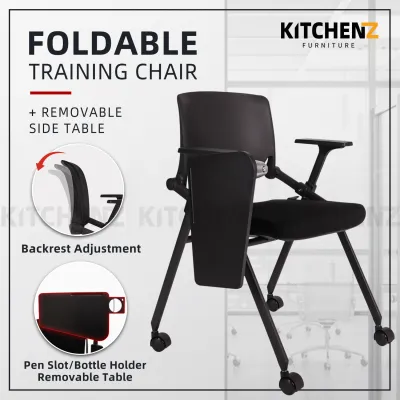 KitchenZ Foldable Nylon Back Office / Training Chair with Side Table / Ergonomic Design / Black - HMZ-OC-MB-9025-BK+BK