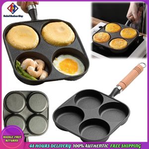 Vodool 4-Hole Egg Frying Pan Wooden Handle Non Stick Hamburg Bread Breakfast Maker Multifunction Hamburger Steak Pan Suitable for Gas Stove Induction Cooker