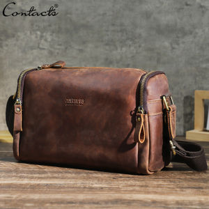 CONTACTS Genunie Leather Vintage Men Crossbody Bags Sling Shoulder Bags Large Capacity Messenger Bags Male Travel Bags for 8.3 inch iPad Mini