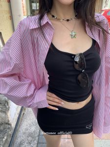 ❣Fortunee ❣ ฤดูร้อน เสื้อคลุมลายสีฟ้าแขนยาวกันแดด วันหยุดสบายๆ สไตล์ขี้เกียจ เข้ากับเสื้อข้างในที่กระชับสัดส่วน