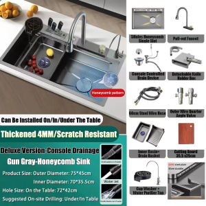 RISE Multifunctional Kitchen Sink Set SUS304 Stainless Steel Sink 4.0MM Thickened with Waterfall Pull-out Faucet Sink Honeycomb embossing Control drainage on Table High-quality Scratch Resistant