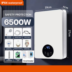Smart instant electric water heater 220V household instant hot shower set fast heating household temperature control smart LED display 3-second hot water over-temperature protection 6500W adjustable instant electric shower
