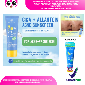 BIRU EMINA SUN BATTLE SPF 35 PA+++ ACNE CLEAR CICA + ALLANTOIN AIRY ACNE SOOTHING 50 ML SUNSCREEN PELEMBAB DAN PELINDUNG KULIT