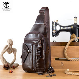 BULLCAPTAIN Leather Chest Bag Mens Casual Retro Multifunctional 7-Inch Mobile Phone Keychain Phone Holder Single Shoulder Messenger Bag