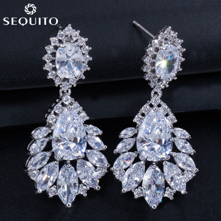 SEQUITO Unique Big Chandelier Design Dangle Earrings Inlaid Shiny CZ Silver  Plated Women Elegant Drop Earing Jewelry for Bridal Wedding SE098 Lazada 