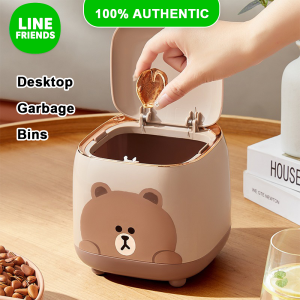(1.5L)100% Authentic Line Friends Creative Desktop Trash Can Garbage Bins Mini Rubbish Bin Dustbin With Lid Cover Small Mini Garbage Trash Can LFB199