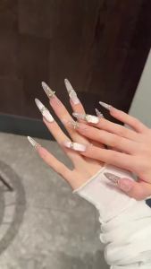Purely Handmade Wearable Nails Ice Transparent Cross Double Stitch Extra Long Nail Art Sweet Girl Spicy Girl Pink High-end Nail Stickers