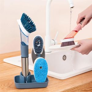 2In1 Kitchen Cleaning Brush Pot Dish Brush Set Long Handle Pan Brush Set Refill Dispensing with Removable Cleaning Sponge Brush