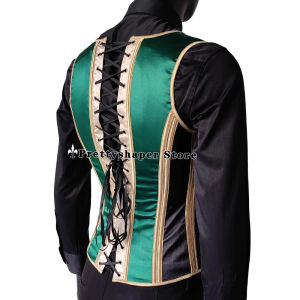 Men Green Corset Vest Lace Up Formal Waistcoat Bones Push Up Body Shaping Vest Slimm Body Tight Tops For Stage Party