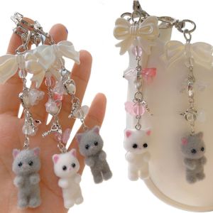 RENJE Bag Pendant Furry Kitten Keychain Flocking Cat Phone Strap Y2k Bowknot Keyring Creative White Gray Cat Bow Keychain Women Girls