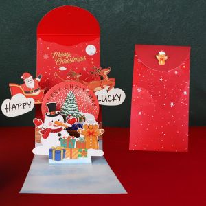 Vision 2/4Pcs 3D Christmas Card with Envelope Creative Christmas Greeting Card with Red Packet New Year Holiday Wishes Card Xmas Lucky Money Bag 圣诞红包/新年红包