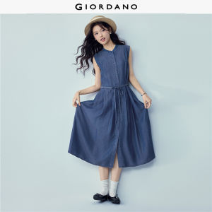 Giordano Beau Monde Women Lyocell denim pleated tie waist tank dress Free Shipping 13466274