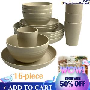 【Chinatera】16Pcs Wheat Straw Cutlery Heat Resist Portable Cutlery Set Reusable Unbreakable Dinnerware Set for Home Gathering Party