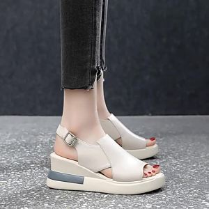 [Free Shipping] Polyurethane Wedge Sandals for Women New Summer High-Heeled Peep-Toe Womens Shoes Large Sizes 41-42 Thick-Soled Womens Shoes