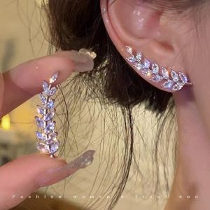COD  Zircon Wheat Ear Cuff Earrings with Leaf Design Elegant Jewelry for Women