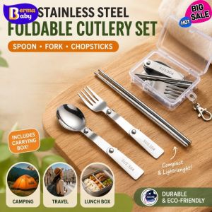 BERMA BABY 3PCS Stainless Steel Portable Cutlery Folding Spoon Fork Chopsticks for Office/Outdoor Travel