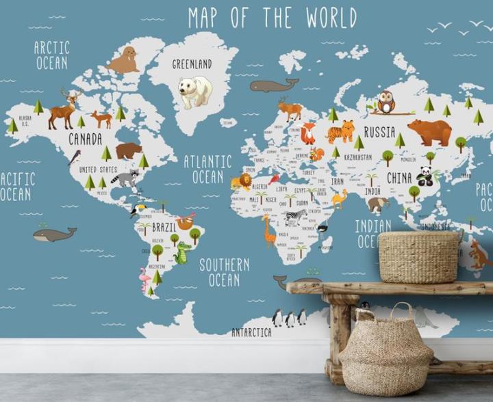 Blue Color Kids World Map Wallpaper , Children Blue Color Map Animal ...