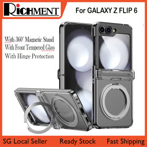 【🔥SG SELLER🔥】RICHMENTGADGET for Galaxy Z Flip 6 Case Clear with [Hinge Protection][Built in Front Screen Protector] 360° Rotation Ring Slim Shockproof Full Body Drop Protective Transparent Case Compatible with Samsung Galaxy Z Flip 6 Flip6 ZFLIP6 5G
