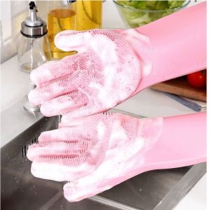 SKY ส่งเร็ว ถุงมือล้างจาน ถุงมือซักผ้า ถุงมือทำครัว ทำความสะอาด อเนกประสงค์ ยืดหยุ่น กันน้ำ ถุงมือ+แปรงขัด ใช้ทำความสะอาดได้หลากหลาย ล้างภาชนะ 1คู่