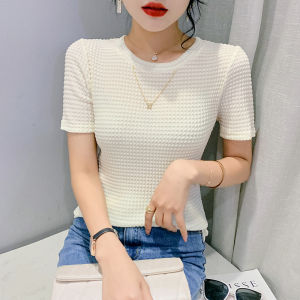 REHIN Womens top new Summer fashion solid colour round neck cotton short-sleeved T-shirt slim fit All-match bottom shirt