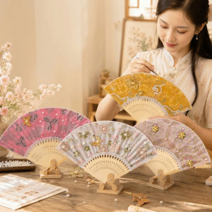 BNU0349 Butterfly Pearl Folding Fan Portable Traditional Floral Print Hand Fan Vintage DIY Craft Kit Handmade Fan Home Ornament