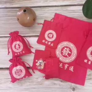 Traditional Blessing Pouch Drawstring Small Cloth Bag for Wealth Attraction and Custom Gift Packaging Red Yellow Lucky Fortune Bag Beg Kain Merah Uncang Bertali