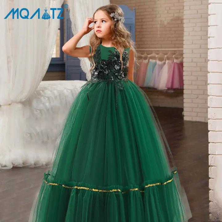 MQATZ Girls Green Christmas Dress For Kids Elegant Flower Birthday
