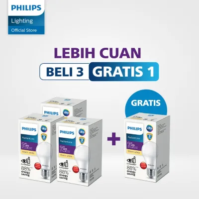Philips Lampu LED Paket Hemat Beli 3 Gratis 1 Radiantline LEDBulb 9W 3000K Kuning
