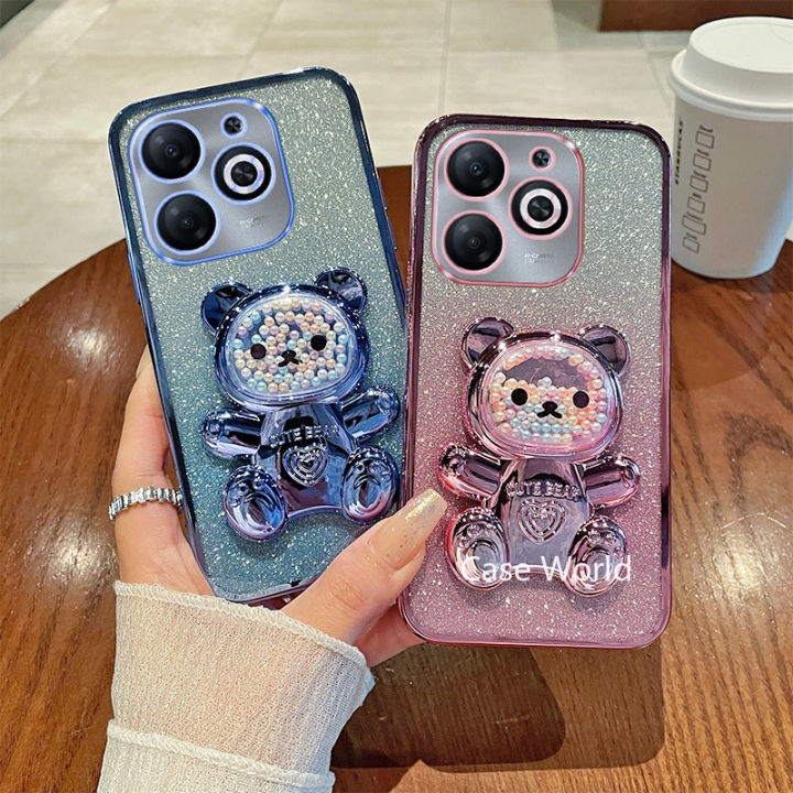 เคสสำหรับ Tecno Spark Go 2024 BG6เคสโทรศัพท์แวววาวพร้อมที่ตั้งรูปหมีน่ารัก | นุ่มที่กันกระแทกทีพียูซิลิโคนเคสชุบเคลือบผิวด้วยไฟฟ้าแวววาว